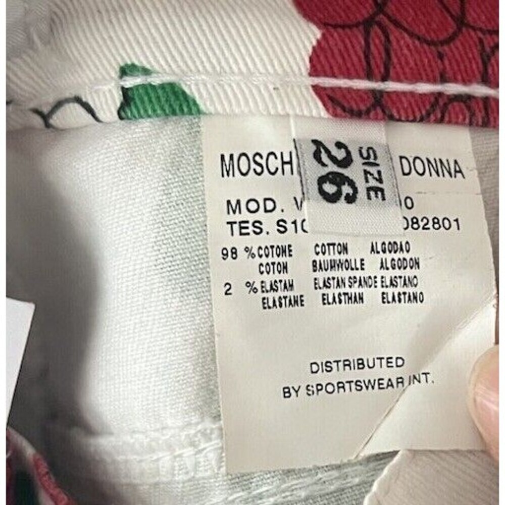VTG 90s MOSCHINO White Flare Jeans Raspberry Leaf Print Red Green Y2K Cottage 26 - Picture 8 of 8